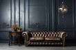 stylist and royal empty wall in classical style interior with leather sofa on grey background wall, space for text