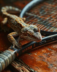 Poster - A lizard is sitting on top of a tennis racket. Generative AI.