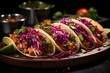 Mexican street tacos flat lay with pork carnitas, fresh avocado, onion, cilantro, and red cabbage