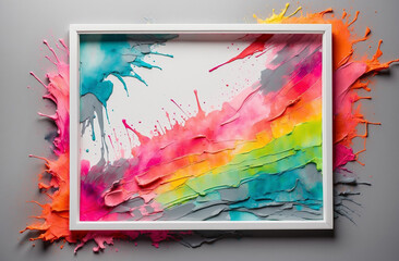 Wall Mural - Abstract watercolor colorful brush splash background with white square frame and grey wall background