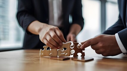 Businessman team work holding two jigsaw connecting co