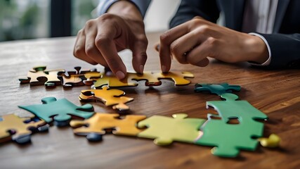 Businessman team work holding two jigsaw connecting co