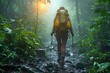 A trekker in an orange jacket walks a muddy trail in a misty rainforest, depicting nature immersion.