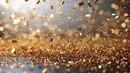 Poster - An illustration of shiny gold confetti falling on a transparent background. Bright golden festive tinsel. Party backdrop. Holiday design elements for web banners, posters, flyers, and invitation
