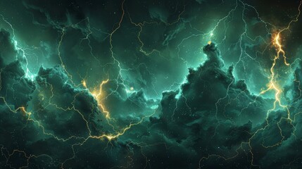 Canvas Print - An isolated lightning strike, thunderbolt strikes, and a set of horizontal cracks with magic green glow. Electricity are emitted as a result of a thunderstorm at night, causing sparks to fly across