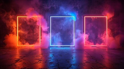 Poster - Luminous neon square frames on a dark background. Modern illustration.