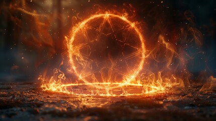 Fototapete - Modern witchcraft circle with runes. Ethereal fire portal sign with strange flame spark. Decor element for magic doctor, shaman, medium.