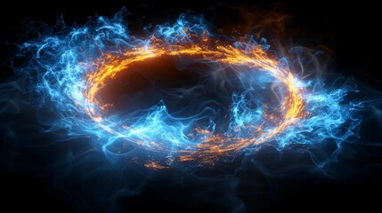 Fototapete - On a black background, blue and yellow circles are surrounded by light