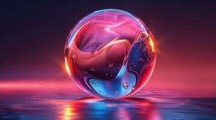 Poster - Isolated on black background, 3D abstract glass liquid, fluid shape with holographic effect. Render of transparent glass circle liquid object, bath water bubble with reflection. 3D modern