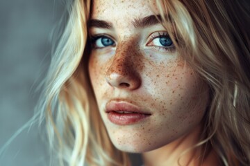 Wall Mural - artist portrait of blond young woman with freckles