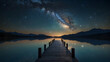 Photoreal 3D Product Presentation theme as Cosmic Reflection Concept As A clear night sky reflecting on a still lake, with a dock leading into the stars as if walking into infinity., Full depth of fie