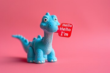 Close up of a blue toy dinosaur holding a 