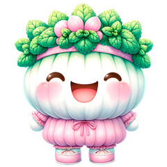 Wall Mural - Cute Mint Saranae vegetable character wearing cute pink pastel outfit with smiling face watercolor clipart. Nursery vegetables theme.