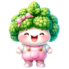 Wall Mural - Cute Mint Saranae vegetable character wearing cute pink pastel outfit with smiling face watercolor clipart.Nursery vegetables theme.