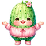 Fototapeta Zachód słońca - Cute  Cucumber vegetable character wearing cute pink pastel outfit with smiling face watercolor clipart.Nursery vegetables theme.