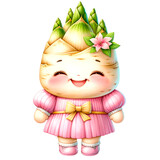 Fototapeta Zachód słońca - Cute  Bamboo vegetable character wearing cute pink pastel outfit with smiling face watercolor clipart.Nursery vegetables theme.