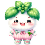 Fototapeta Zachód słońca - Cute  Basil vegetable character wearing cute pink pastel outfit with smiling face watercolor clipart.Nursery vegetables theme.