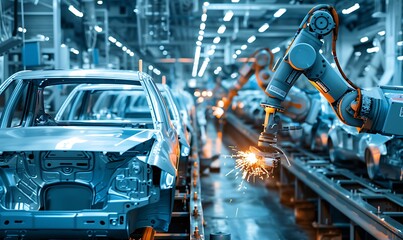 Aufkleber - Efficient Car Factory, Robotic Assembly Line in Action