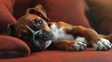 Portrait Boxer Puppy Lying On Couch, Banner Image For Website, Background, Desktop Wallpaper