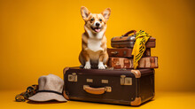 A Corgi Sits On Suitcases On A Yellow Background