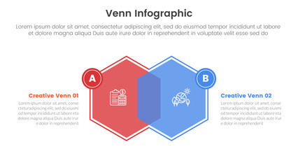 Wall Mural - venn diagram infographic template banner with hexagon or hexagonal with circle badge with 2 point list information for slide presentation