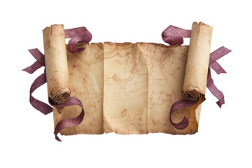 Wall Mural - Old paper scrolls with ribbon banner isolated on transparent background With clipping path. cut out. 3d render