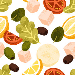 Wall Mural - Food ingredients, seamless pattern. Vegetable Greek salad, endless background. Lettuce, olives, feta cheese, tomato and lemon, repeating print design. Colored flat graphic vector illustration