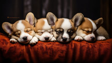Litter Of Corgi Puppies Newborns Sweet Sleeping Cute A