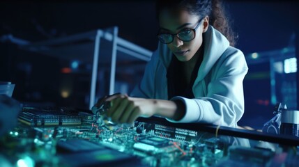 Wall Mural - Woman working on a computer motherboard, suitable for technology concept