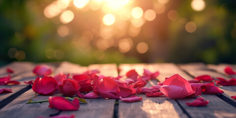 Wall Mural - Table wood top with Rose petals on blur bokeh background