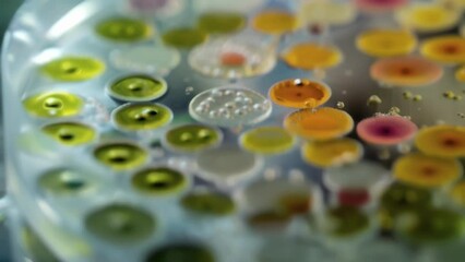 A closeup of a petri dish filled with a colorful array of bacterial colonies each colony representing a unique genetic circuit that has been successfully engineered.