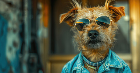 Sticker - Stylish dog wearing sunglasses and denim jacket, perfect for fashion blogs or pet clothing ads