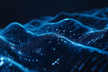 Abstract digital background with blue binary code and light streaks on black background, symbolizing technology and data transfer in cyberspace. This represents the flow of data in computer networks.