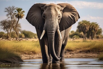 an elephant standing in a body of water. ideal for nature and wildlife concepts