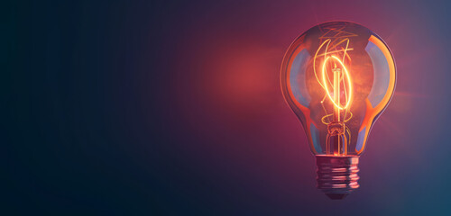 Wall Mural - A lightbulb with a bright filament, set against a deep blue and red gradient.