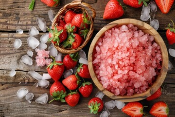 Wall Mural - Fruit granita with ripe strawberries with lots of ice on wooden table with bowl with ice and basket full of strawberries. Top view. Horizontal composition.