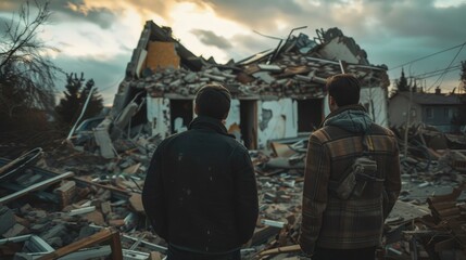 Poster - Two men standing in front of a building, suitable for business or real estate concepts