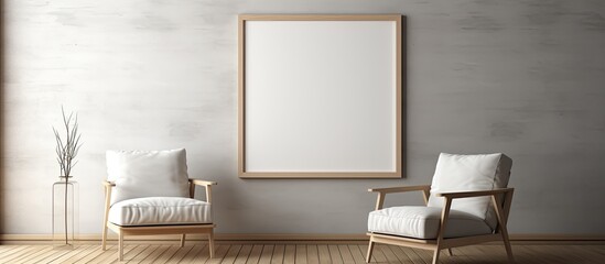 Canvas Print - A cozy living room with two comfortable chairs, a wooden picture frame hanging on the wall, and a window with sunlight streaming in, creating a warm and inviting atmosphere