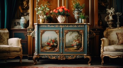 A room with two chairs and a cabinet with flowers. Suitable for interior design concepts