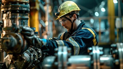 A close-up of a worker in protective gear operating heavy machinery in an industrial setting