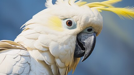 Poster - Close-up of a beautiful white parrot with vibrant yellow feathers. Perfect for tropical bird enthusiasts