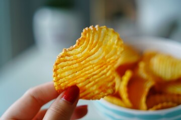 Sticker - Hand holding ruffled potato chip with dripping dip sauce.