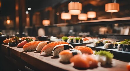 Sticker - Sushi pieces in a Japanese sushi restaurant.