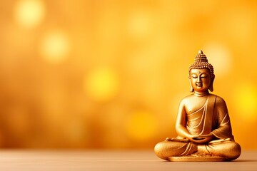 Wall Mural - Buddha statue on golden background and copy space - generative ai