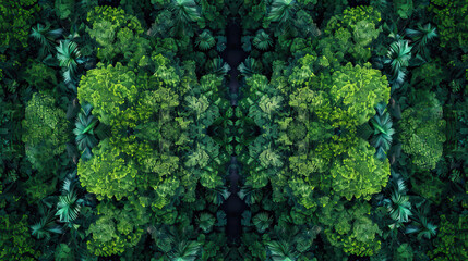 Aerial drone shot top-down bird's eye view, mirror image, jungle rainforest canopy, symmetrical vibrant eco nature background, isolated, abstract organic nature-inspired natural textures banner