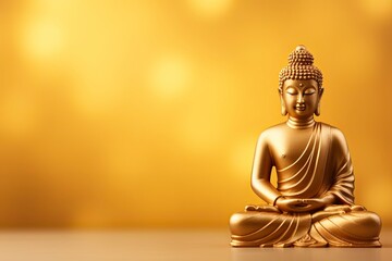 Wall Mural - Buddha statue on golden background and copy space - generative ai