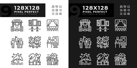 Sticker - Entertainment events pixel perfect linear icons set for dark, light mode.Touristic attractions. Theater performances. Thin line symbols for night, day theme. Isolated illustrations. Editable stroke