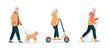 Energetic happy gray haired elderly women and man, Healthy lifestyle. Elderly woman practice nordic walking. Elderly woman rides an electric scooter. Elderly man walking his dog. Vector Illustration