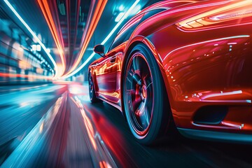 A red sports car is speeding down a road with neon lights in the background. Generative AI