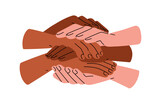 Fototapeta Miasto - Diverse hands stack, pile of people group, international team, partners together. Unity, multi-ethnic partnership, trust, support concept. Flat vector illustration isolated on white background